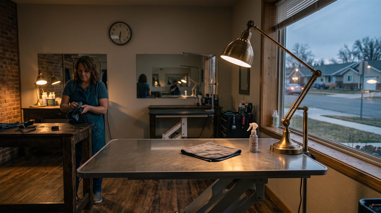 An empty grooming table under a lamp at dusk while the groomer cleans up in the background