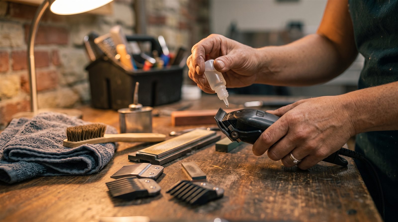 Hands drip oil onto a clipper blade at a workbench of combs, stones, and brushes