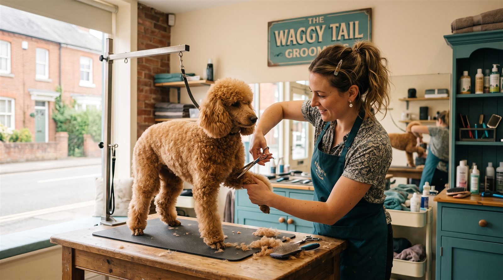 A groomer scissors a standard poodle's coat on a wooden grooming table