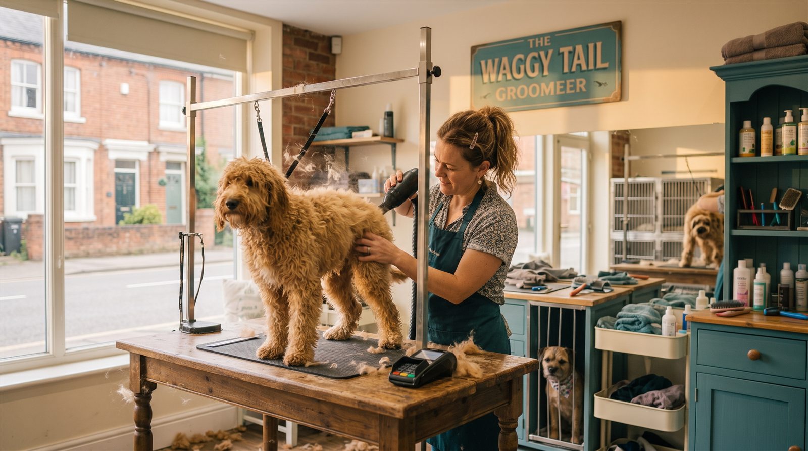 A groomer blow-dries a goldendoodle while another dog waits in a kennel behind her