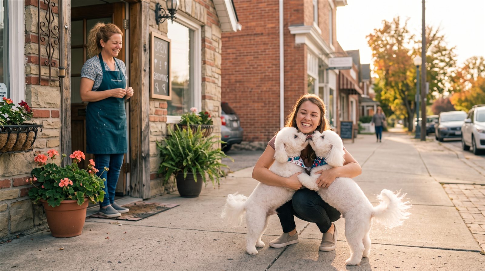 A happy owner hugs her two freshly groomed bichons on the sidewalk while the groomer watches from the shop door