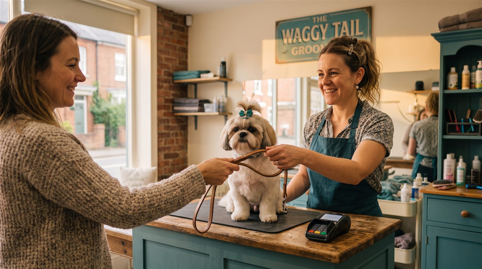 A groomer hands a leash across the counter to a client, card reader beside them