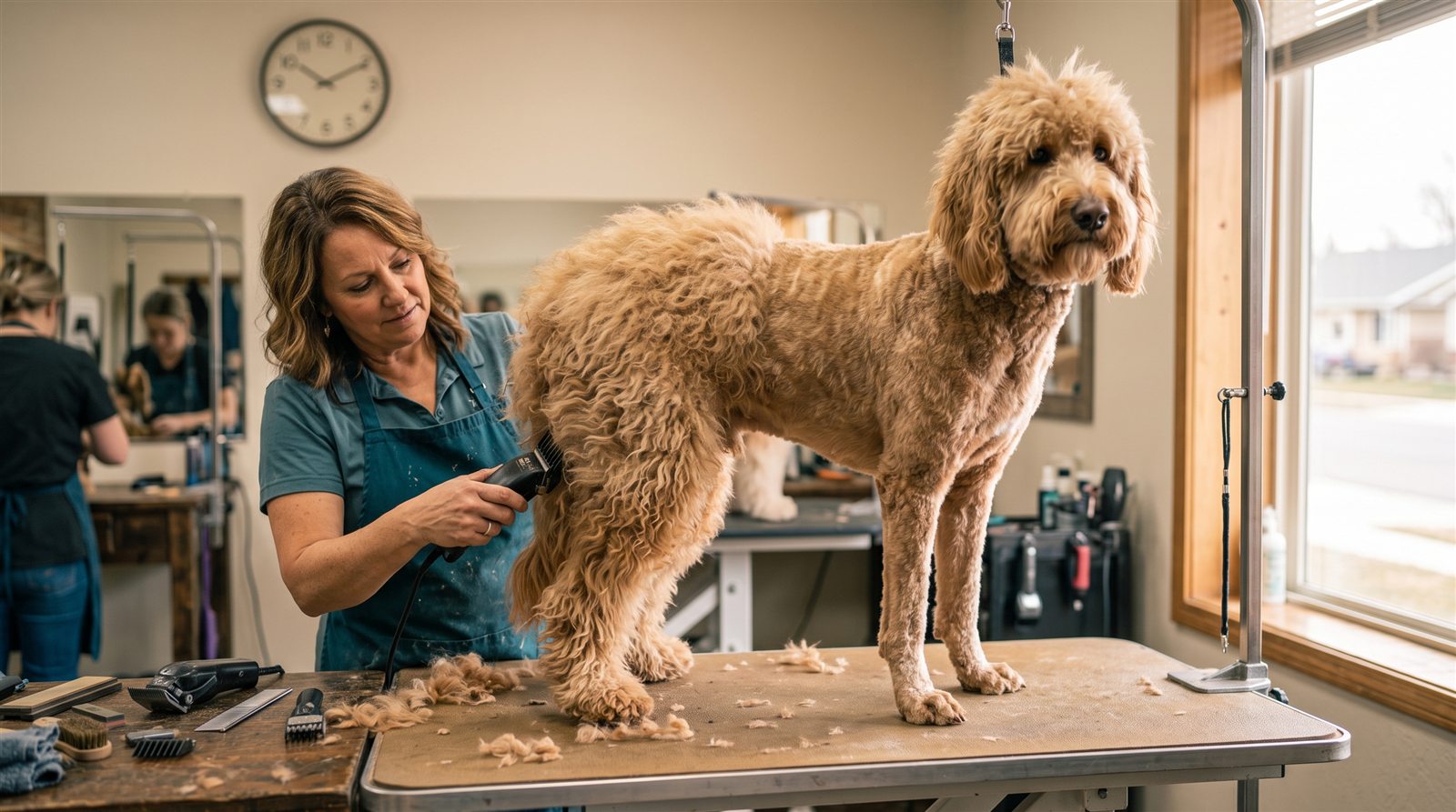 A goldendoodle stands half-groomed on the table while the groomer works, a wall clock behind them