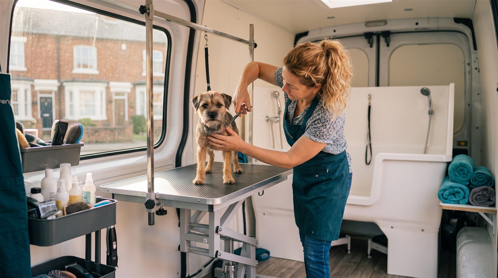 A groomer trims a small terrier on the fold-out table inside a grooming van
