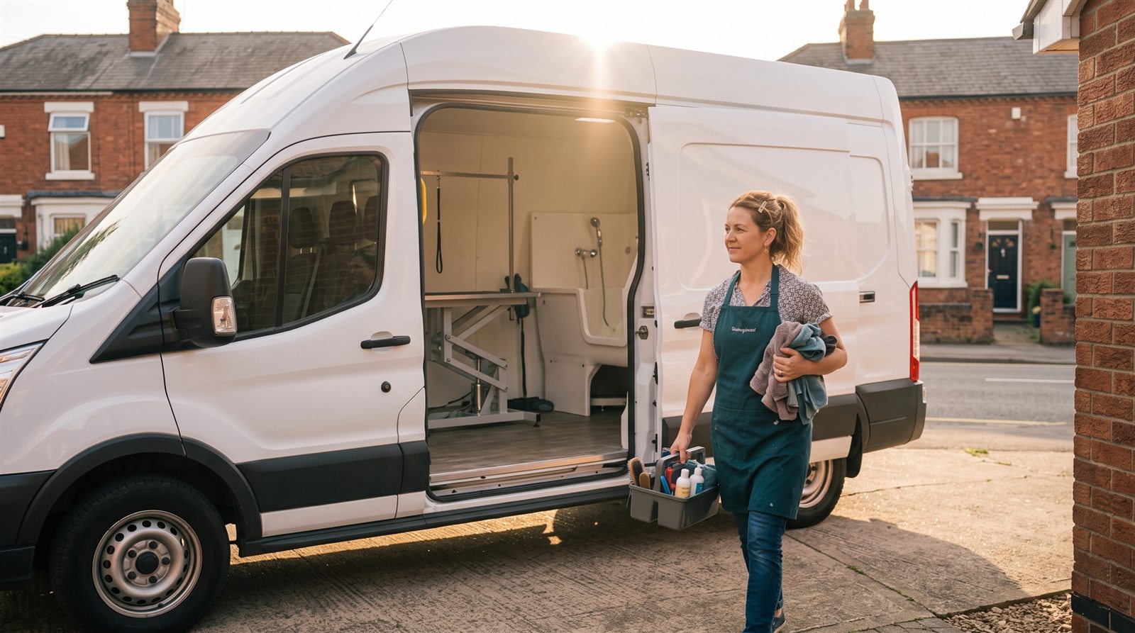A groomer carries a supply caddy to her white grooming van parked in a driveway