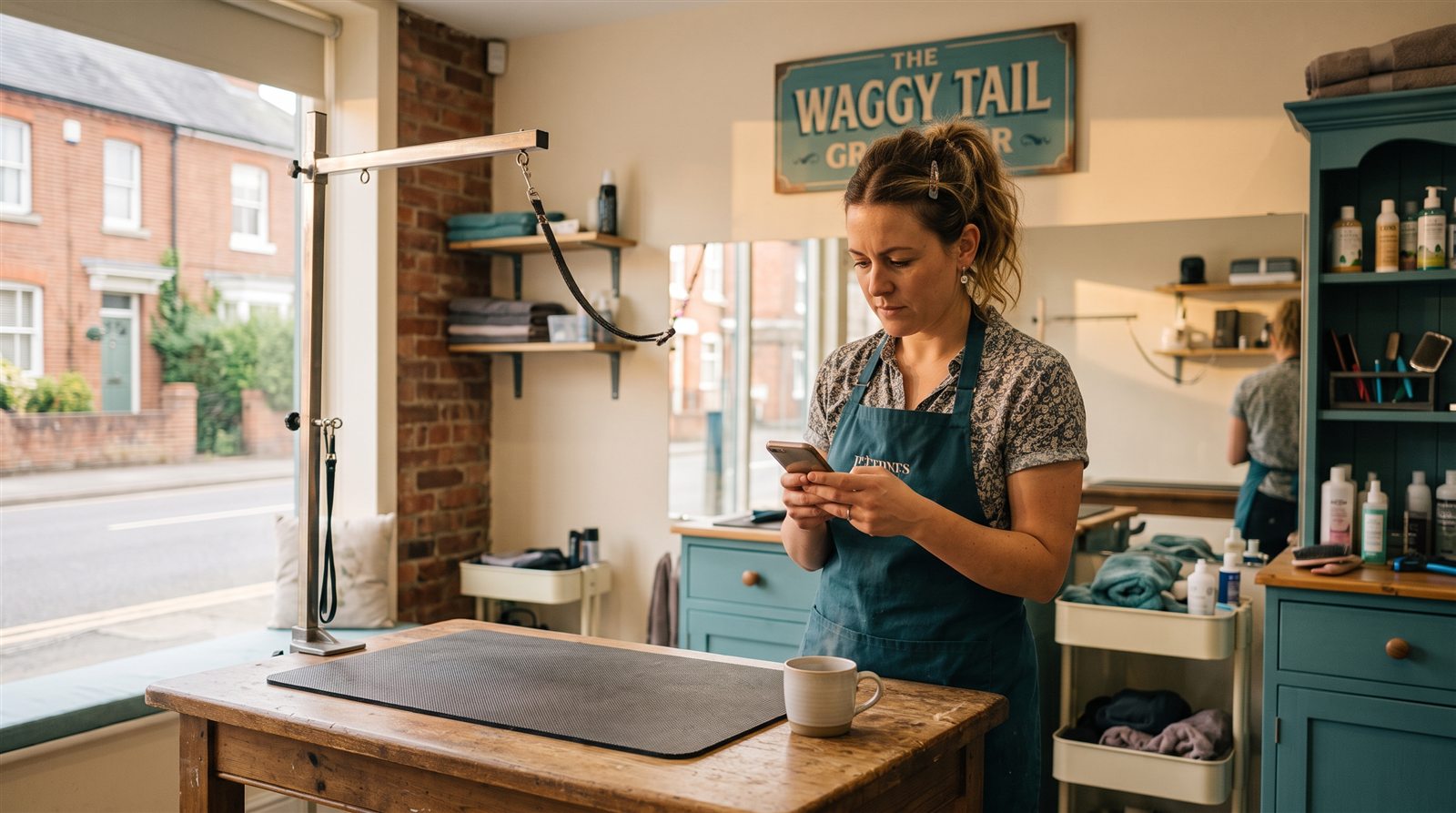A groomer checks her phone beside an empty grooming table in morning light