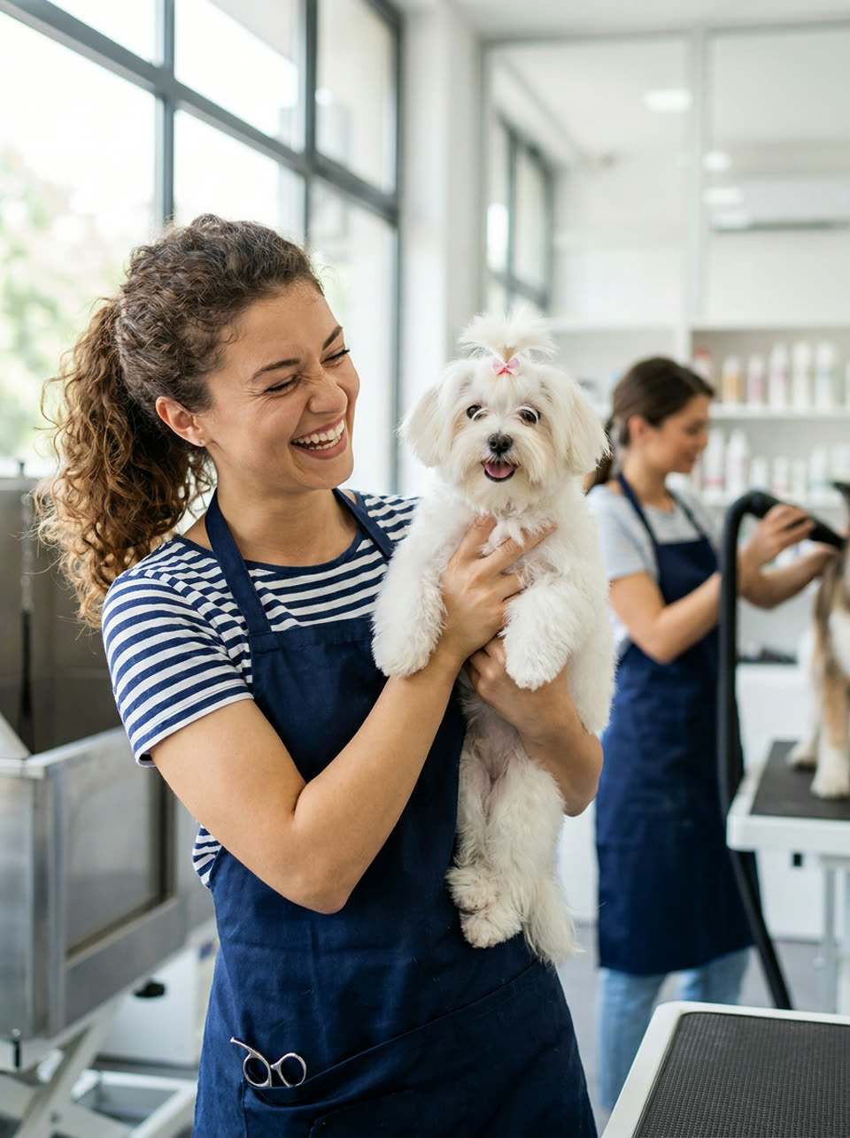 A groomer in a navy apron smiling and holding a small white dog