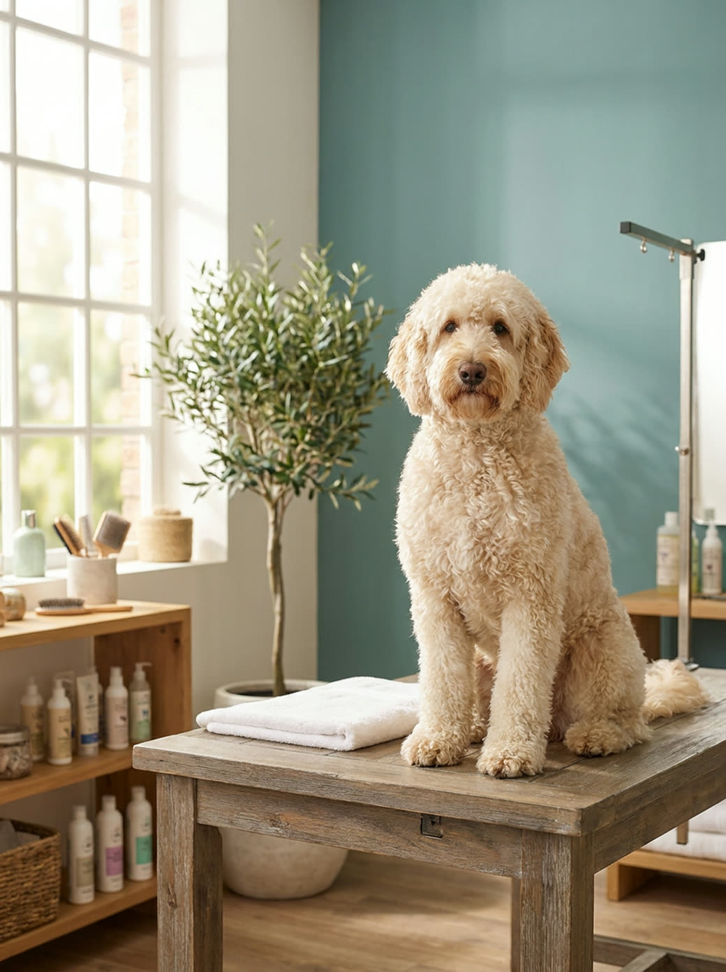 Freshly groomed goldendoodle sitting on a grooming table in a bright salon