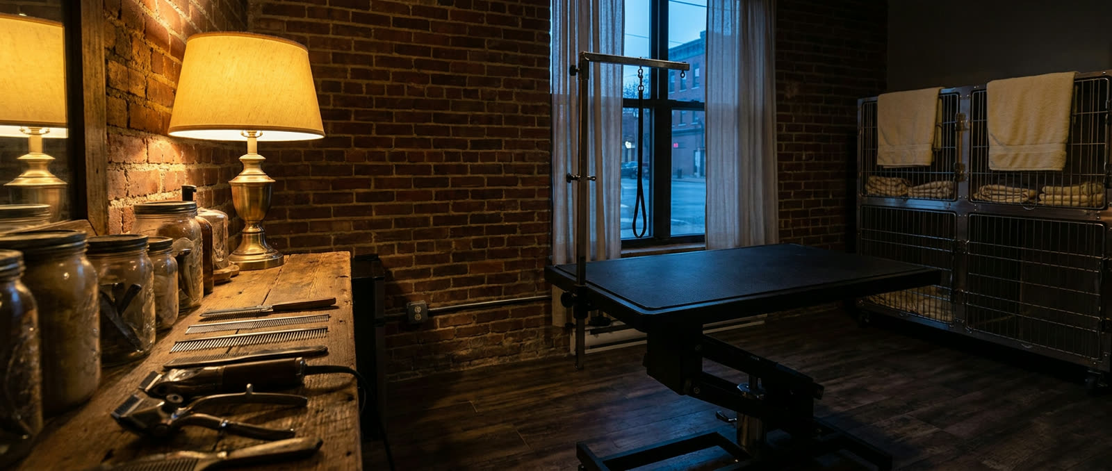 An empty grooming table in a quiet salon at dusk