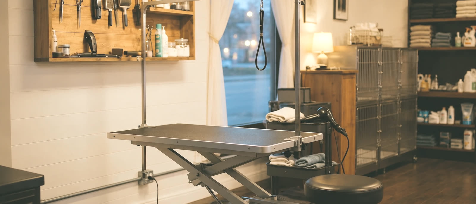 An empty grooming table in a quiet salon at dusk