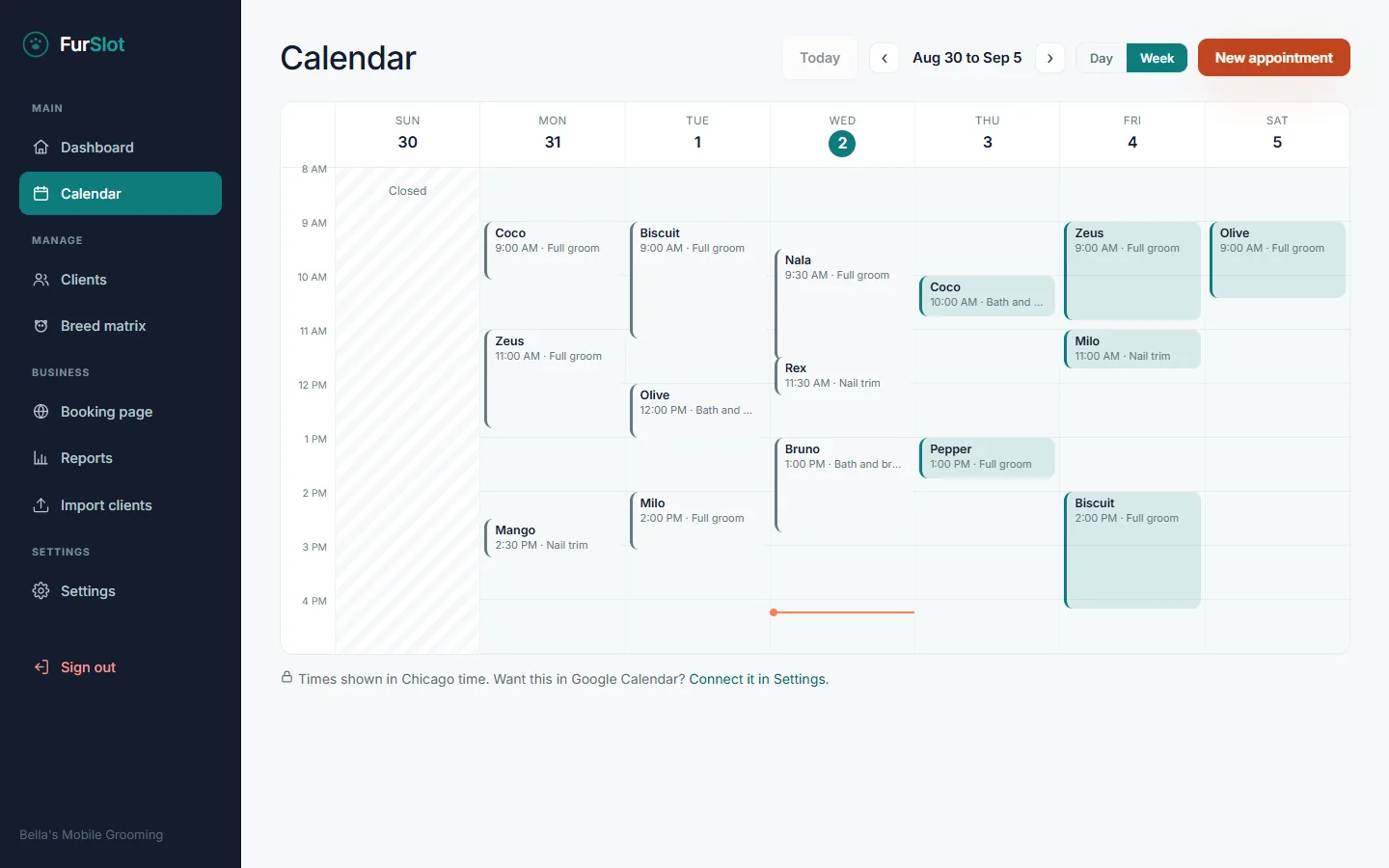 The FurSlot week calendar with grooms placed by time, Sunday marked closed, and a line for the current time
